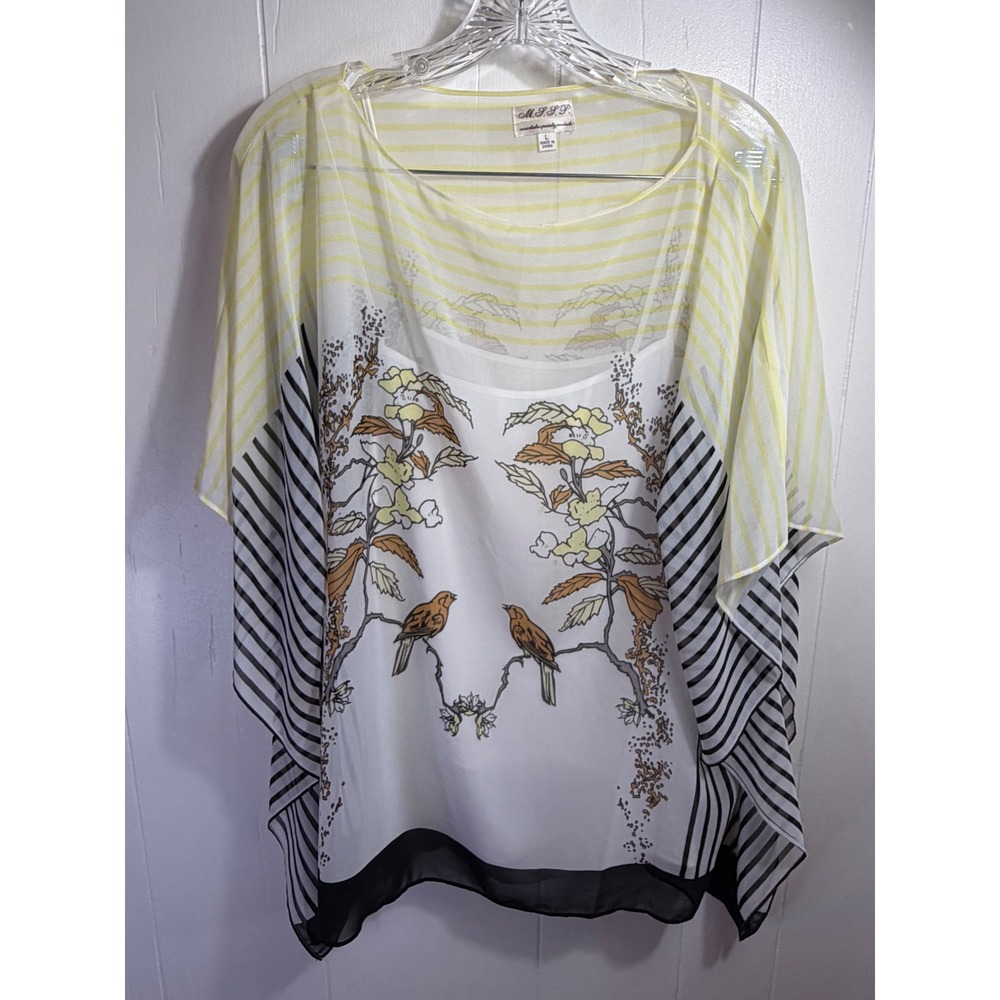 MSSP Max Studio Specialty Products Bird Print Striped Kaftan Top Large
